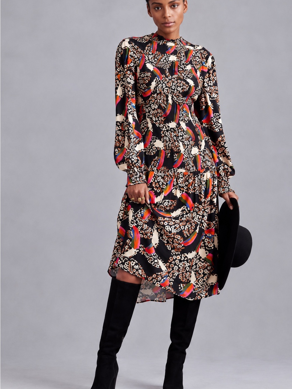 FARM Rio Leopard Toucans Puff-Sleeve Mock-Neck Midi Dress Large